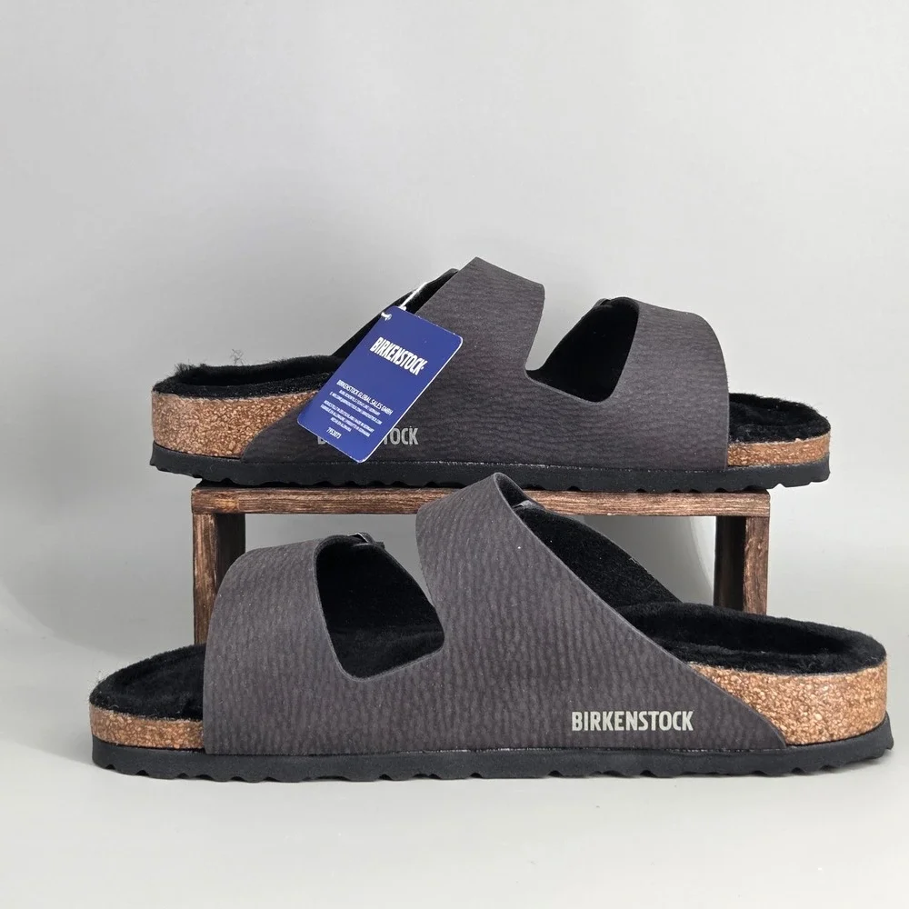 Birkenstock Arizona BS Sandals Mens 8 L10 Desert Dust Black Shearling Cozy Slide